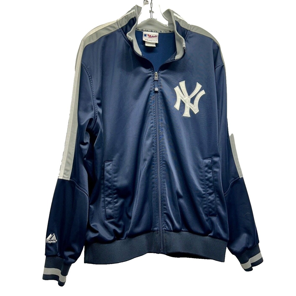 Authentic Majestic Mens Large New York Yankees Polyester Blue Track Jacket (G2)